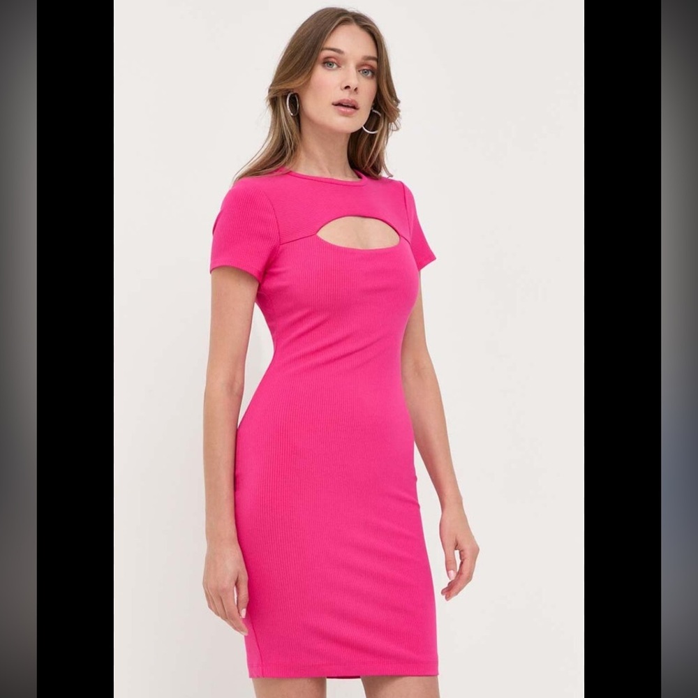 NWT Guess Sz Medium Hot Full Bloom Pink Cutout Ribbed Lana Mini Dress Ret $98!